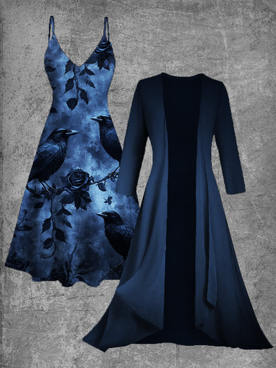 Vintage Crow Art Print Suspender Two-Piece Midi Dress