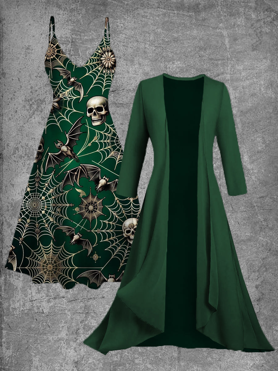Vintage Floral Skull Art Print Suspender Two-Piece Midi Dress