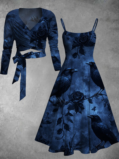 Vintage Crow Floral Art Print Long Sleeve Two Piece Midi Dress