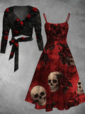 Vintage Skull Floral Art Print Long Sleeve Two Piece Midi Dress