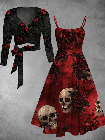 Vintage Skull Floral Art Print Long Sleeve Two Piece Midi Dress