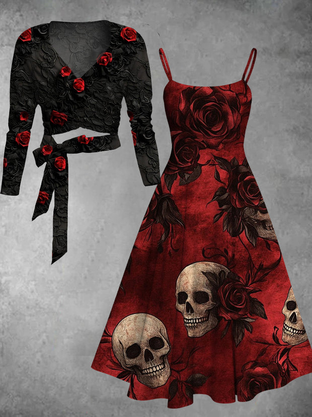 Vintage Skull Floral Art Print Long Sleeve Two Piece Midi Dress