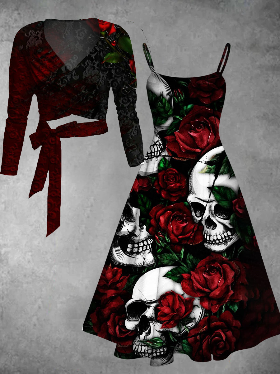 Vintage Skull Floral Art Print Long Sleeve Two Piece Midi Dress