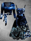 Vintage Skull Floral Art Print Long Sleeve Two Piece Midi Dress