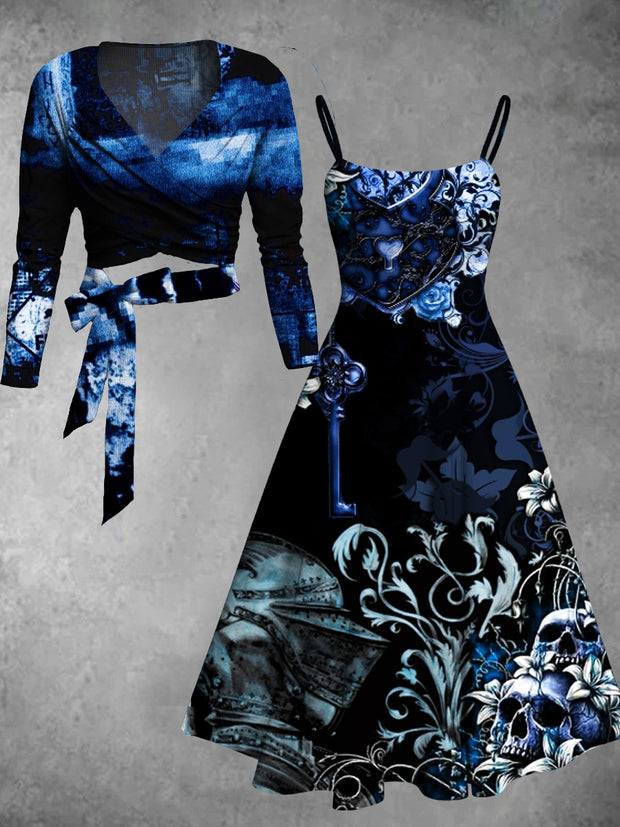 Vintage Skull Floral Art Print Long Sleeve Two Piece Midi Dress