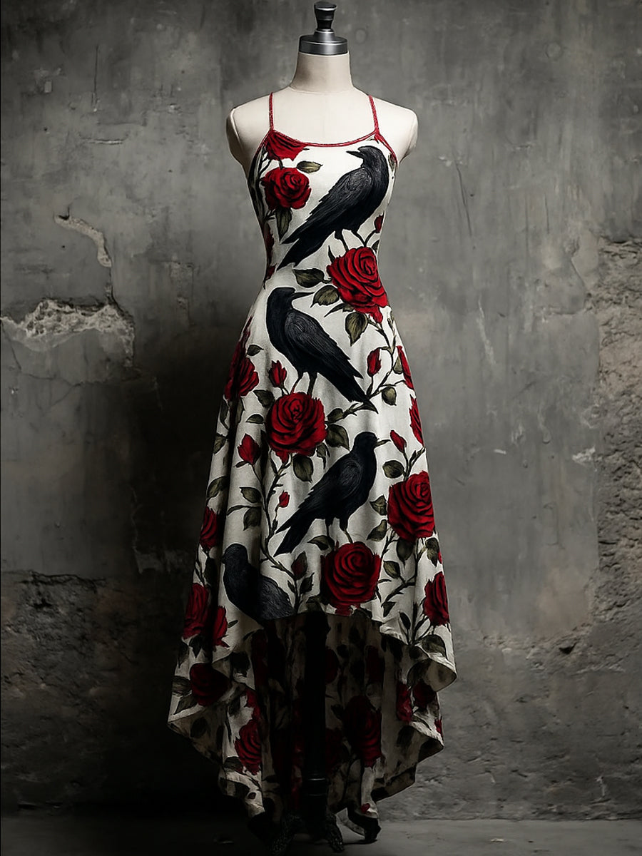 Retro  Halloween Floral Art Printed Vintage Comfortable Elasticity Strappy Irregular Midi Dress