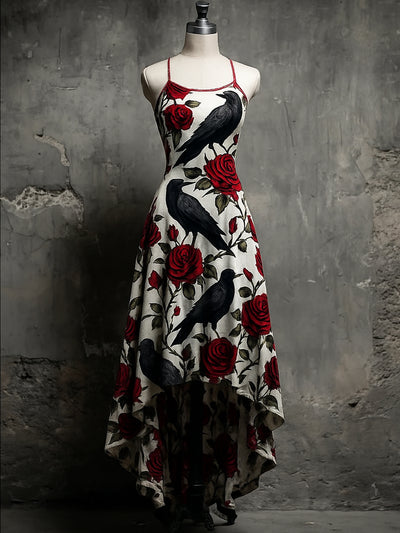 Retro  Halloween Floral Art Printed Vintage Comfortable Elasticity Strappy Irregular Midi Dress