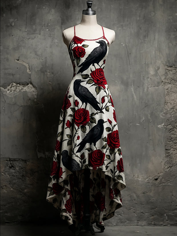 Retro  Halloween Floral Art Printed Vintage Comfortable Elasticity Strappy Irregular Midi Dress