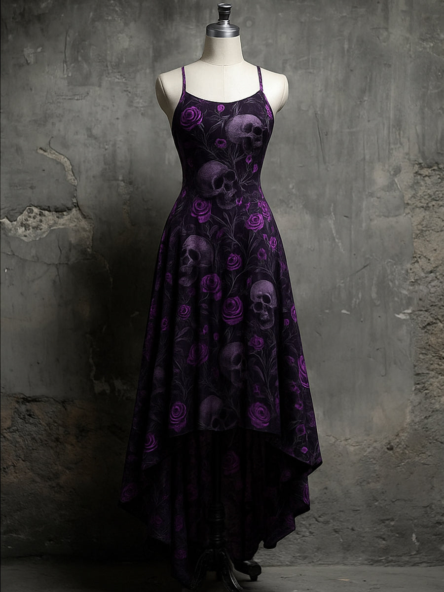 Retro  Halloween Floral Art Printed Vintage Comfortable Elasticity Strappy Irregular Midi Dress