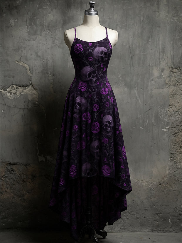 Retro  Halloween Floral Art Printed Vintage Comfortable Elasticity Strappy Irregular Midi Dress