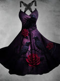 Retro Halloween Floral Art Printed Vintage V-Neck Pleated Butterfly Cross-Wrap Midi Dress