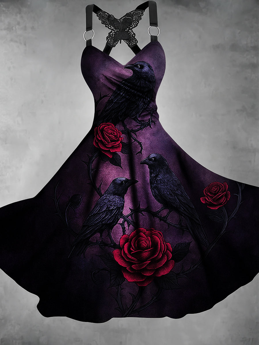 Retro Halloween Floral Art Printed Vintage V-Neck Pleated Butterfly Cross-Wrap Midi Dress
