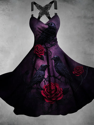 Retro Halloween Floral Art Printed Vintage V-Neck Pleated Butterfly Cross-Wrap Midi Dress