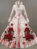 Retro Halloween Floral Ar Printed Vintage Lapel V-Neck Button Up Double Hem Long-Sleeved Midi Dress