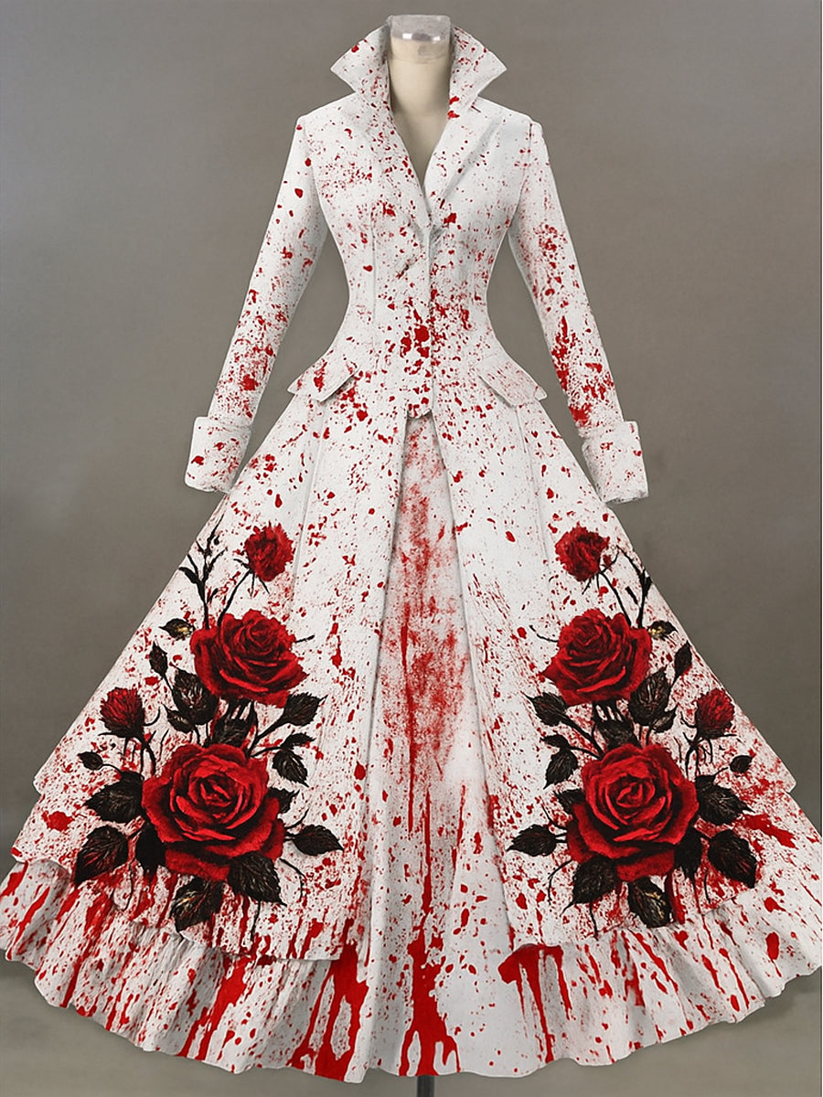 Retro Halloween Floral Ar Printed Vintage Lapel V-Neck Button Up Double Hem Long-Sleeved Midi Dress