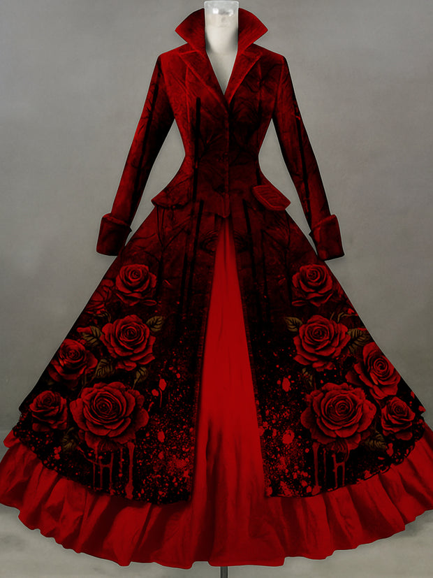 Retro Halloween Floral Ar Printed Vintage Lapel V-Neck Button Up Double Hem Long-Sleeved Midi Dress