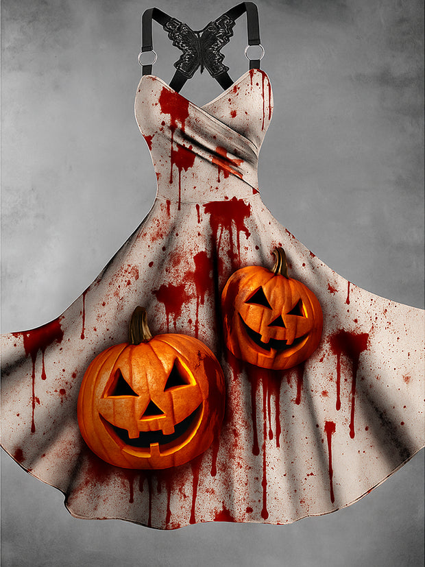 Retro Halloween Floral Art Printed Vintage V-Neck Pleated Butterfly Cross-Wrap Midi Dress