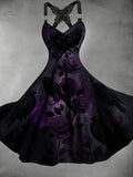 Retro Halloween Floral Art Printed Vintage V-Neck Pleated Butterfly Cross-Wrap Midi Dress