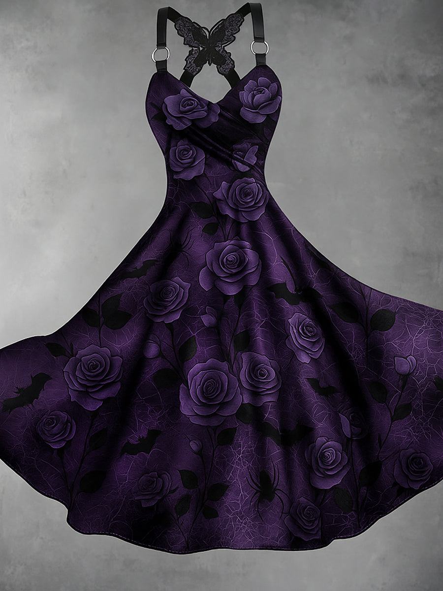 Retro Halloween Floral Art Printed Vintage V-Neck Pleated Butterfly Cross-Wrap Midi Dress