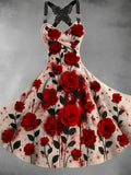 Retro Halloween Floral Art Printed Vintage V-Neck Pleated Butterfly Cross-Wrap Midi Dress