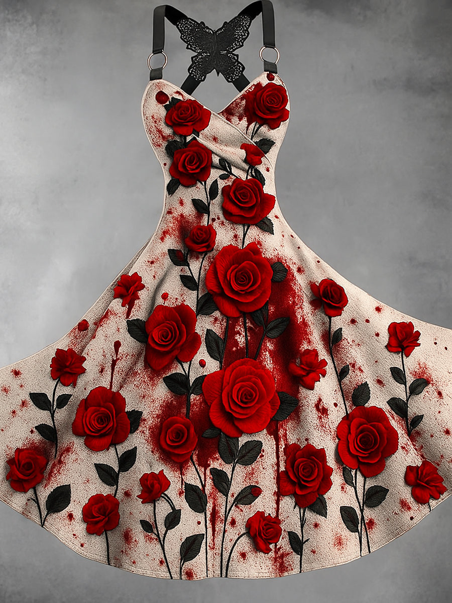 Retro Halloween Floral Art Printed Vintage V-Neck Pleated Butterfly Cross-Wrap Midi Dress