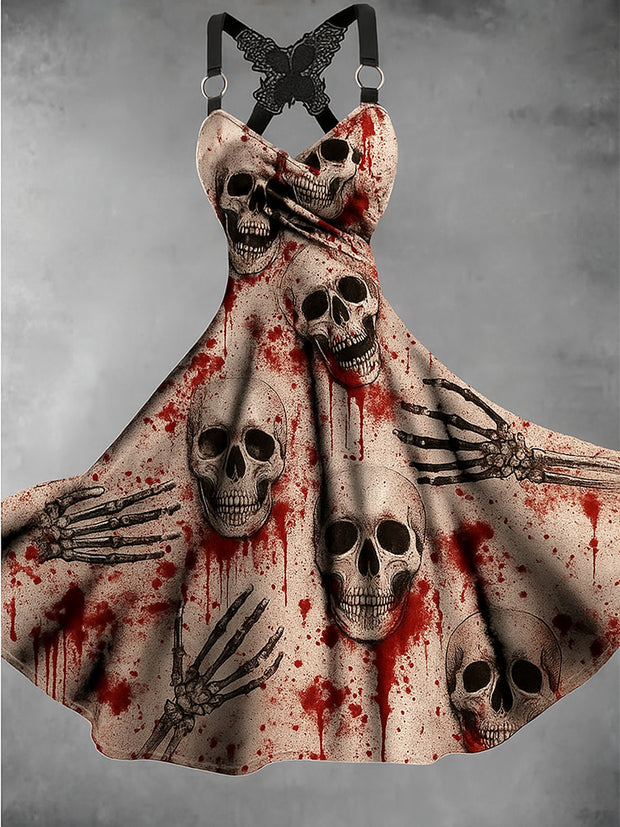 Retro Halloween Floral Art Printed Vintage V-Neck Pleated Butterfly Cross-Wrap Midi Dress