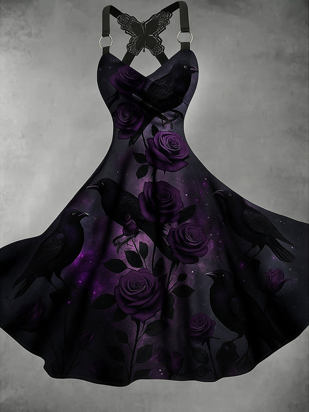 Retro Halloween Floral Art Printed Vintage V-Neck Pleated Butterfly Cross-Wrap Midi Dress