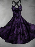 Retro Halloween Floral Art Printed Vintage V-Neck Pleated Butterfly Cross-Wrap Midi Dress