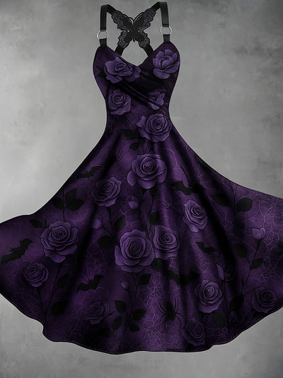 Retro Halloween Floral Art Printed Vintage V-Neck Pleated Butterfly Cross-Wrap Midi Dress