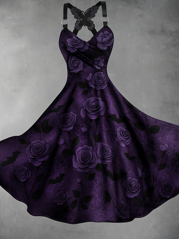 Retro Halloween Floral Art Printed Vintage V-Neck Pleated Butterfly Cross-Wrap Midi Dress