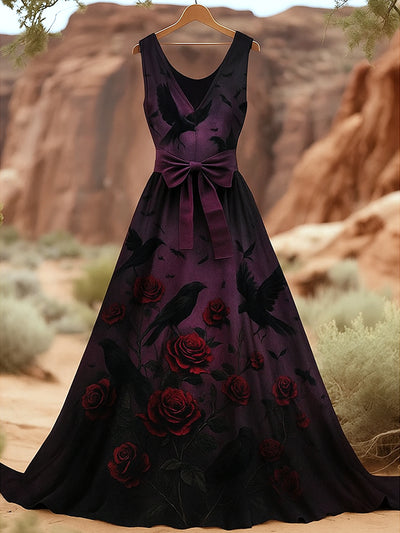 Retro All Hallows' Day American Flag Floral Art Print V-Neck Sleeveless Cotton Maxi Dress