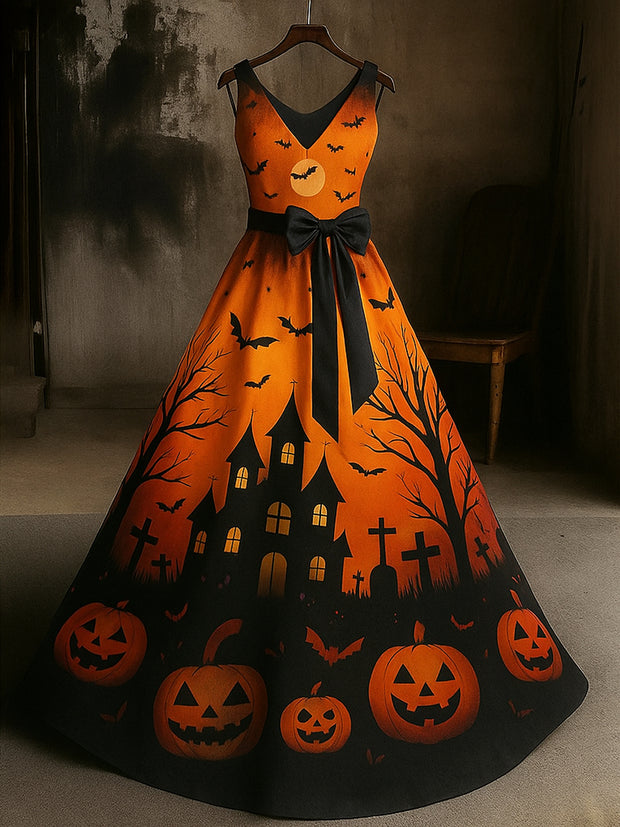 Retro Halloween Floral Art Print V-Neck Sleeveless Cotton Maxi Dress