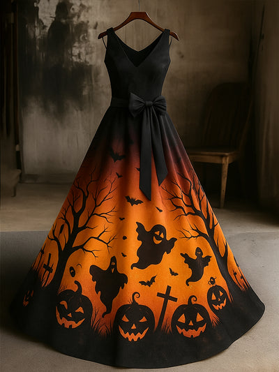 Retro Halloween Floral Art Print V-Neck Sleeveless Cotton Maxi Dress