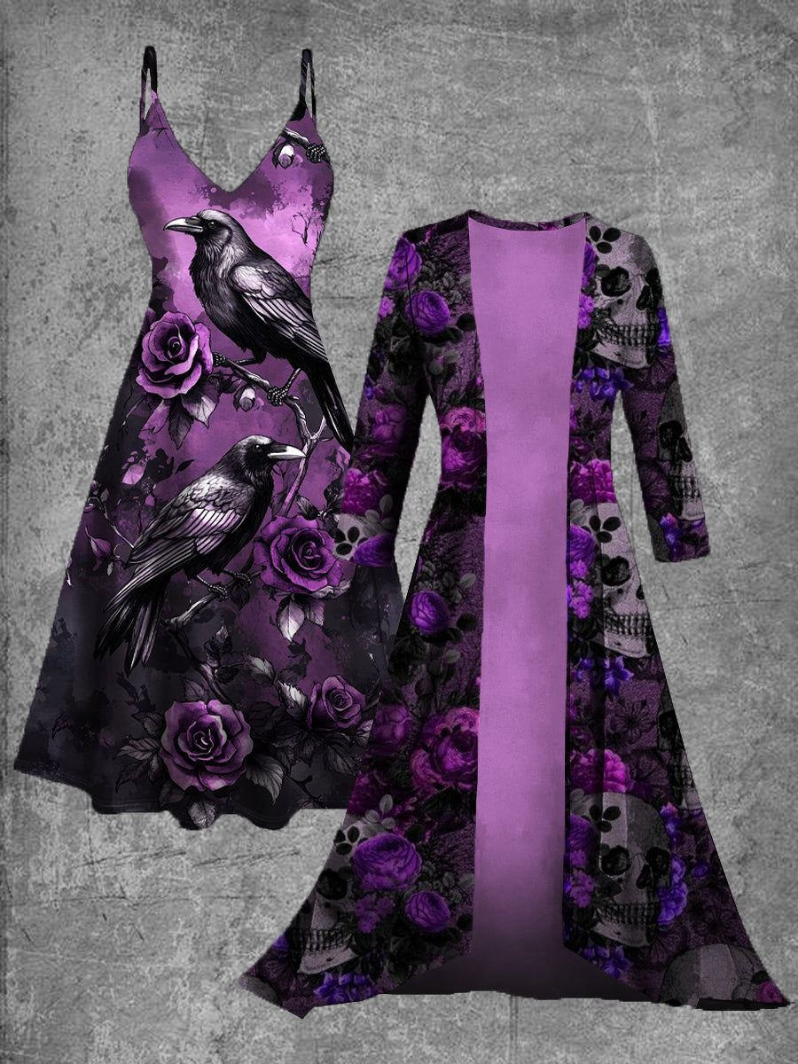 Vintage Crow Art Print Suspender Dress Two Piece Dress