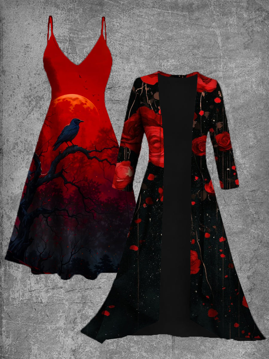 Vintage Crow Art Print Suspender Dress Two Piece Dress