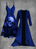 Vintage Skull Print Suspender Dress Two Piece Dress