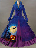 Retro Halloween Floral Ar Printed Vintage Lapel V-Neck Button Up Double Hem Long-Sleeved Midi Dress