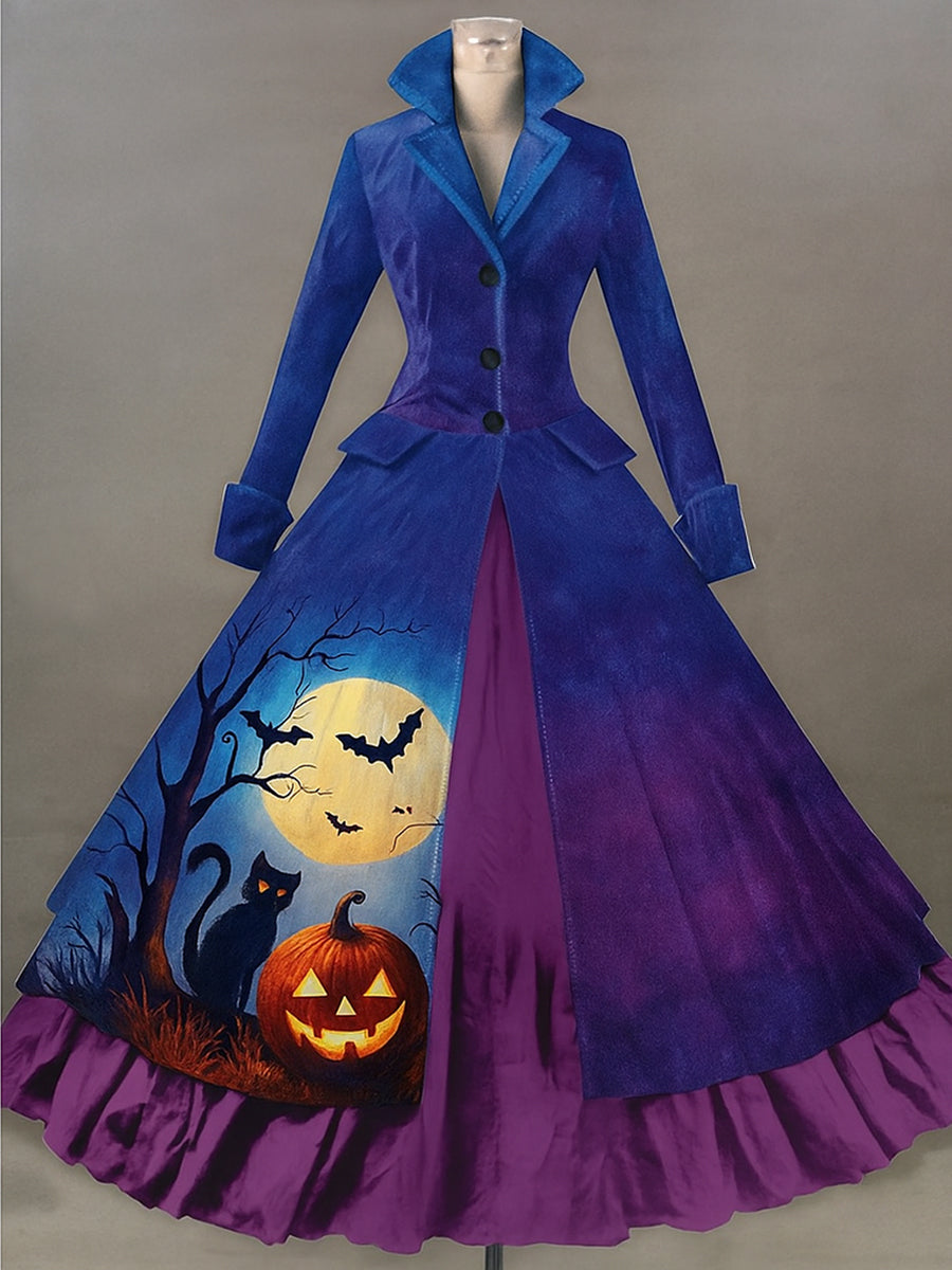 Retro Halloween Floral Ar Printed Vintage Lapel V-Neck Button Up Double Hem Long-Sleeved Midi Dress