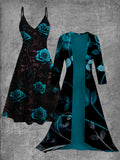 Vintage Floral Print Suspender Dress Two Piece Dress