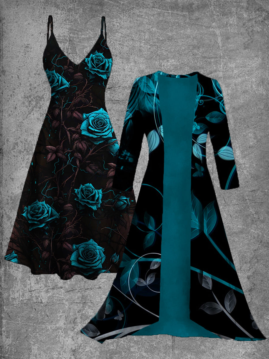 Vintage Floral Print Suspender Dress Two Piece Dress