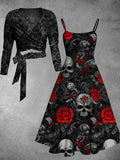 Vintage Skull Floral Art Print Two-Piece Dress