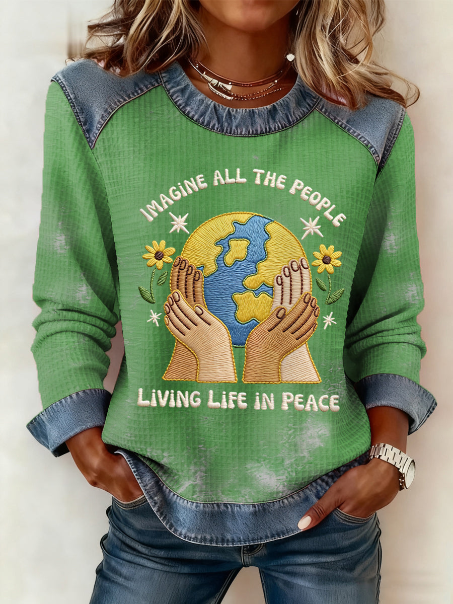 Women's Imagine All The People Living Life In Peace Print Patchwork Top