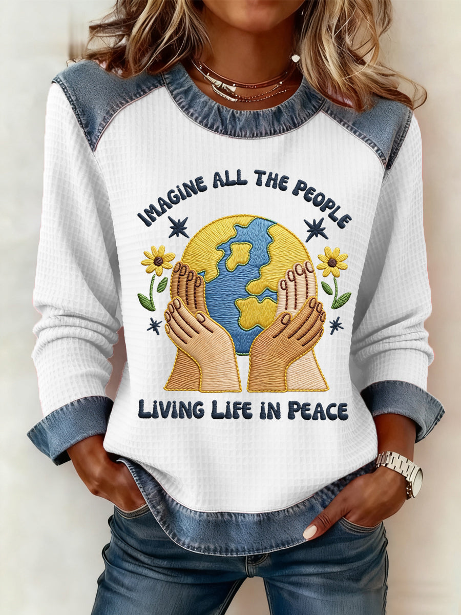 Women's Imagine All The People Living Life In Peace Print Patchwork Top