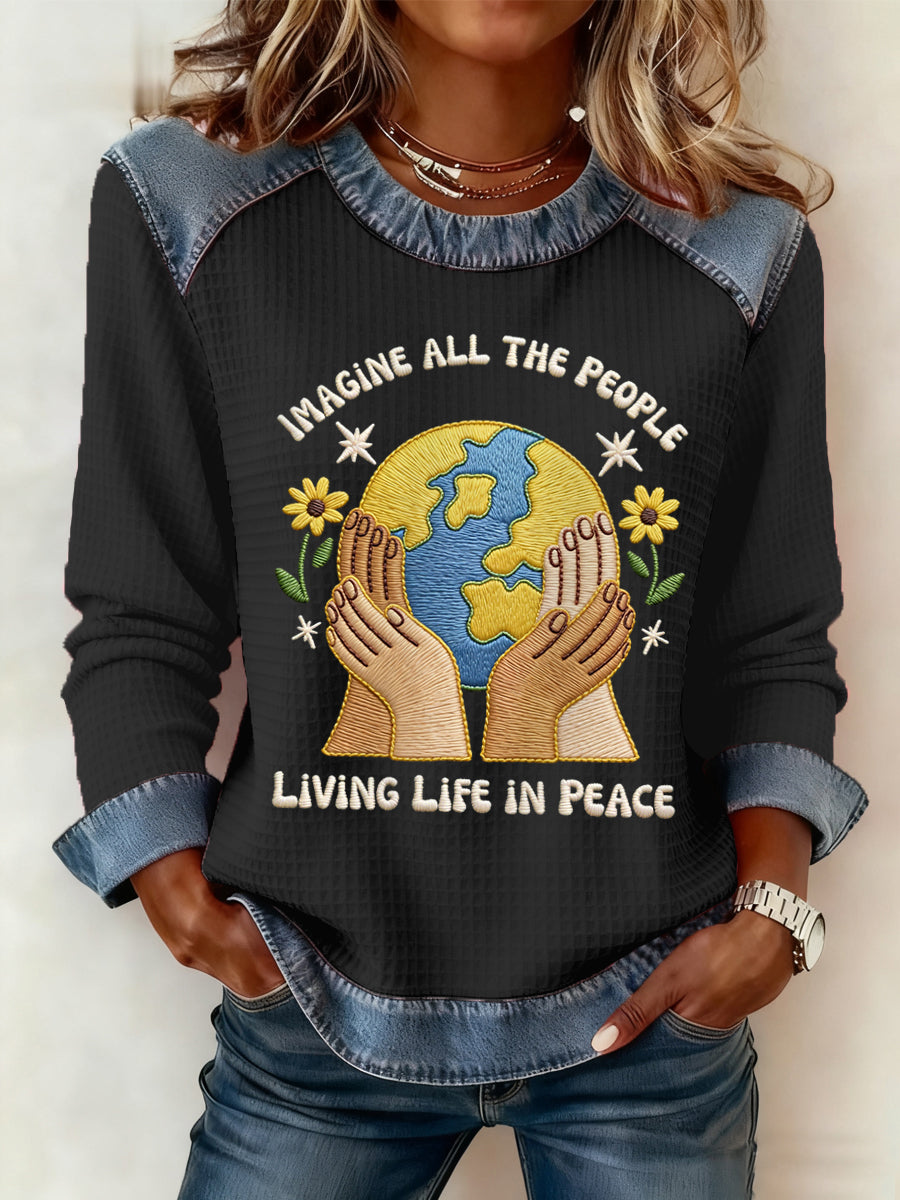 Women's Imagine All The People Living Life In Peace Print Patchwork Top
