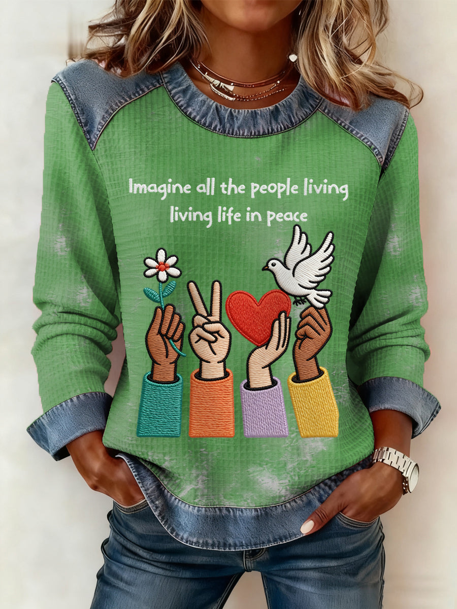 Women's Imagine All The People Living Life In Peace Print Patchwork Top