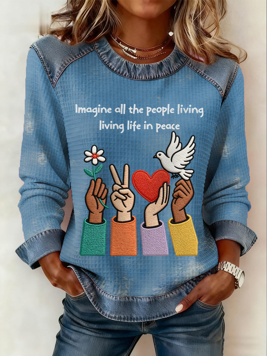 Women's Imagine All The People Living Life In Peace Print Patchwork Top