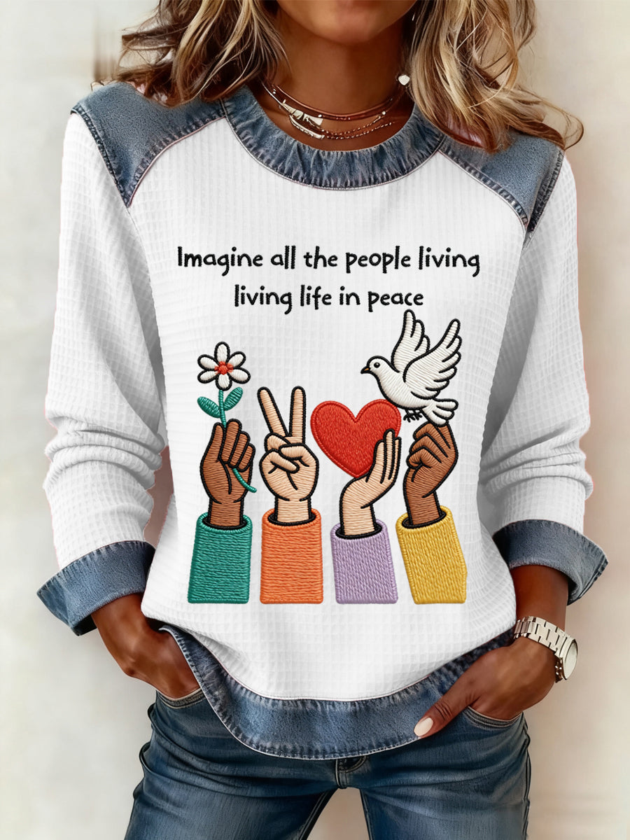 Women's Imagine All The People Living Life In Peace Print Patchwork Top