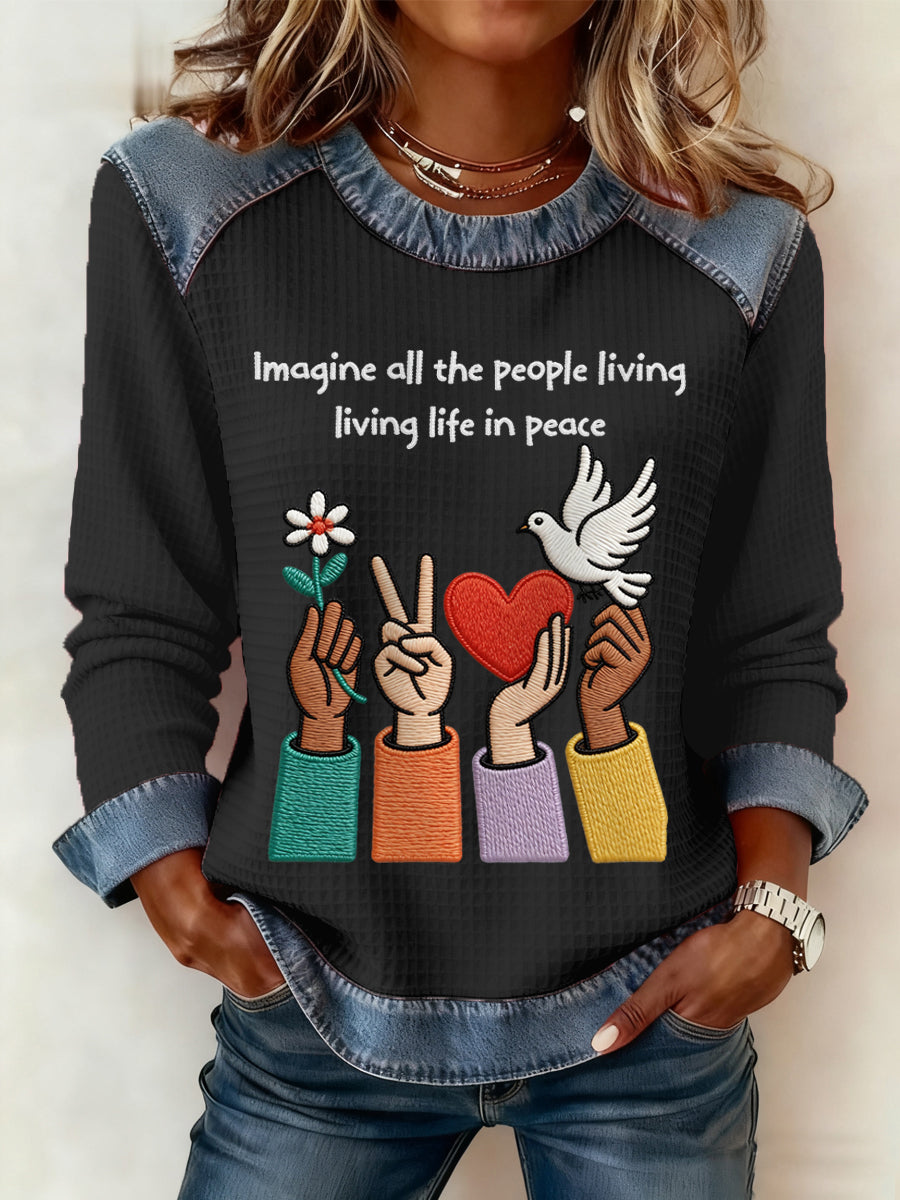 Women's Imagine All The People Living Life In Peace Print Patchwork Top