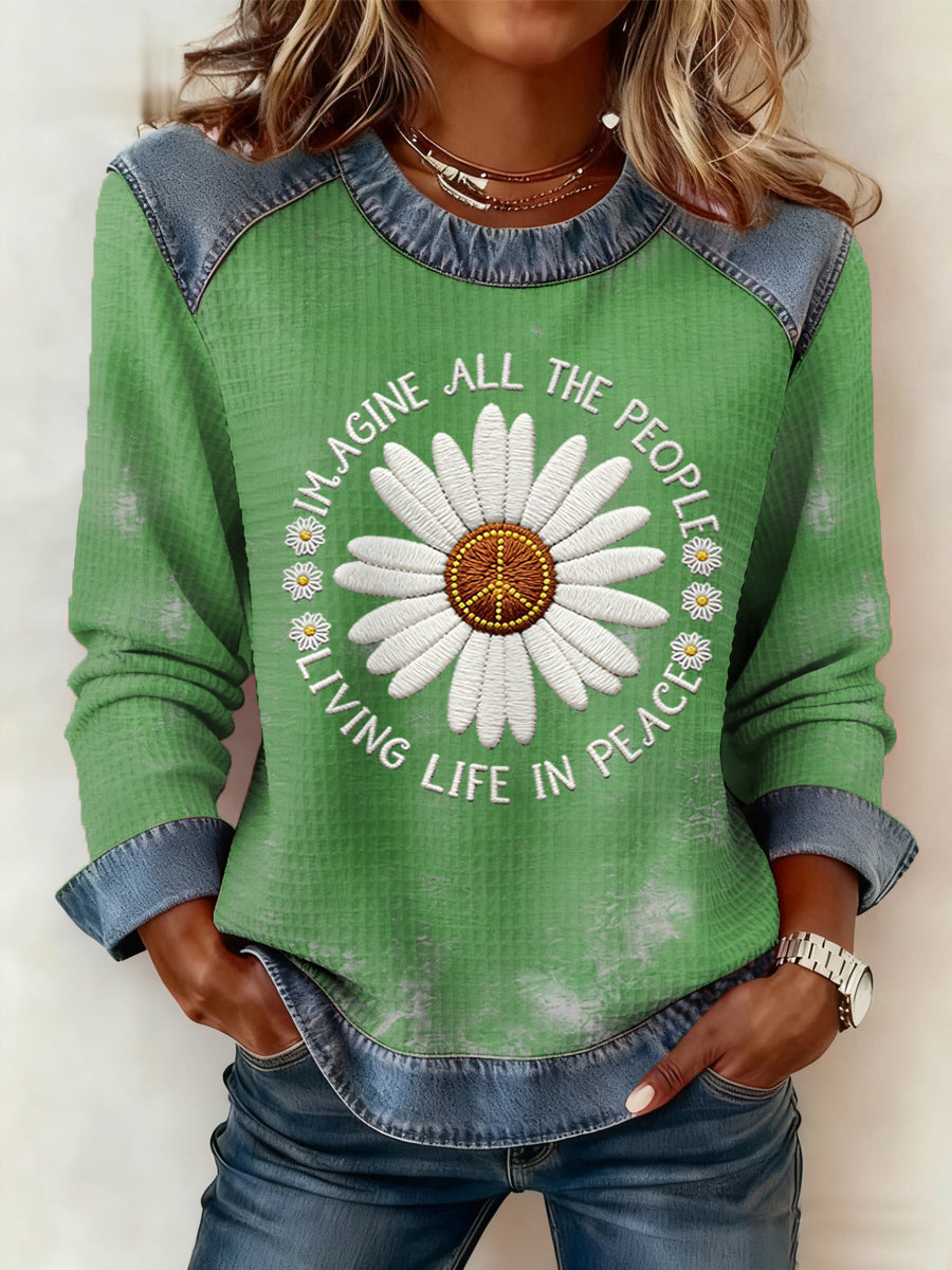 Women's Imagine All The People Living Life In Peace Print Patchwork Top