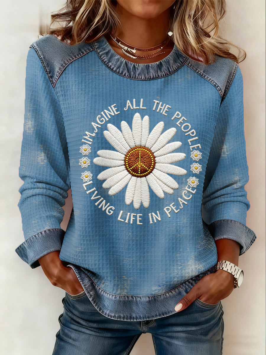 Women's Imagine All The People Living Life In Peace Print Patchwork Top